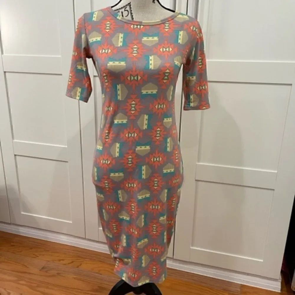 LuLaRoe Julia Pencil Dress size XS Orange Green Florescent Aztec NWT